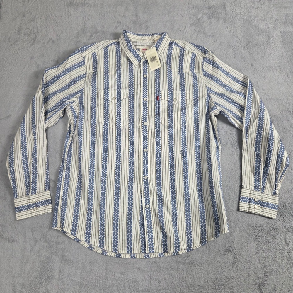 Levi's Western Shirt Mens L Blue White New Striped Snap Button Long Sleeve